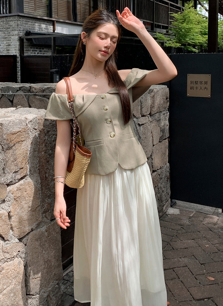 Off-Shoulder Button-Front Toilored Midi Dress With Pleated  Chiffon Skirt