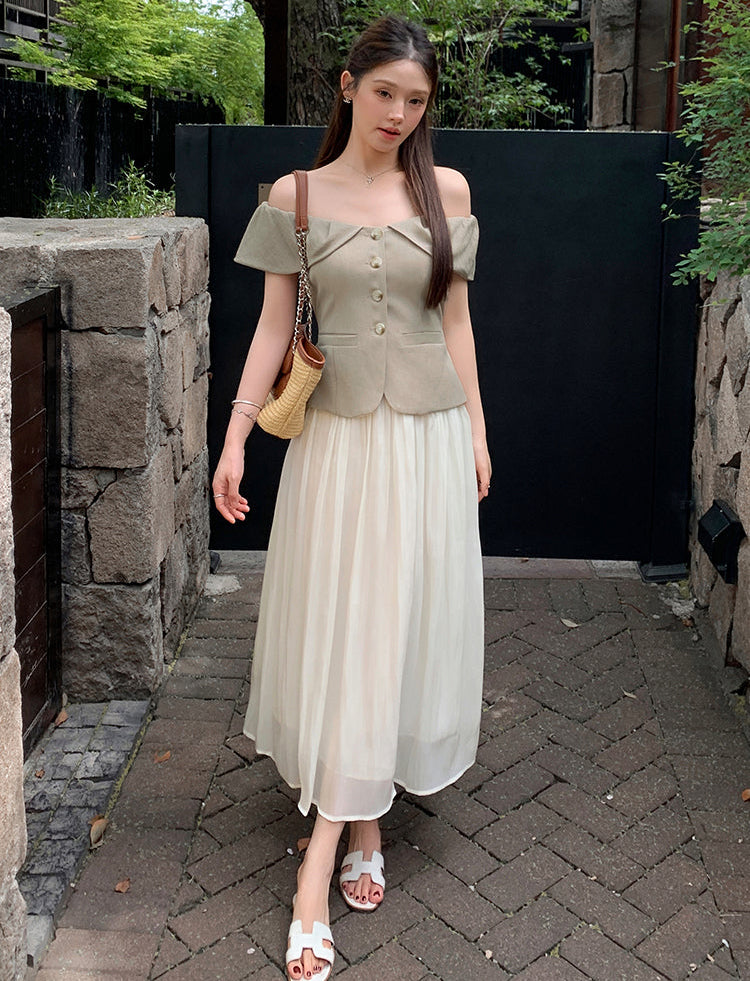 Off-Shoulder Button-Front Toilored Midi Dress With Pleated  Chiffon Skirt
