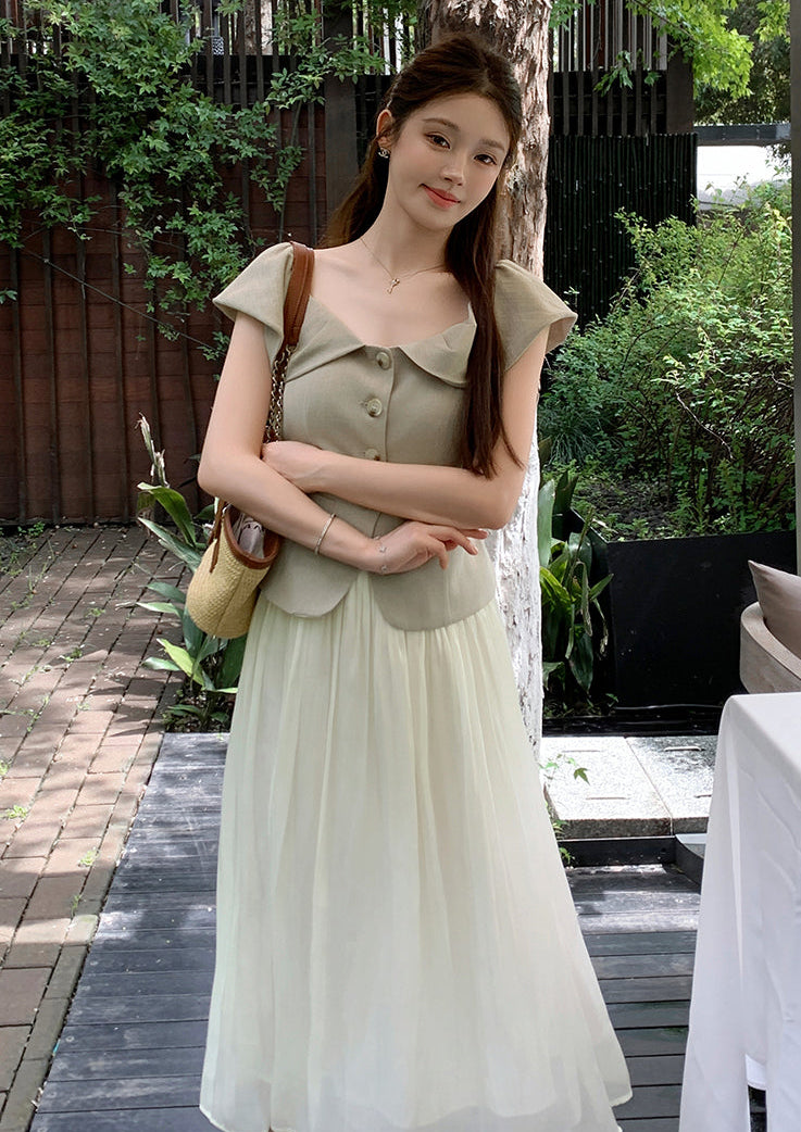 Off-Shoulder Button-Front Toilored Midi Dress With Pleated  Chiffon Skirt