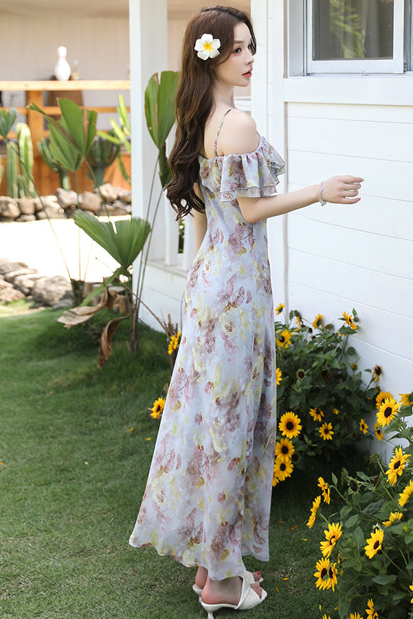 Off-Shoulder Floral Chiffon Maxi Dress