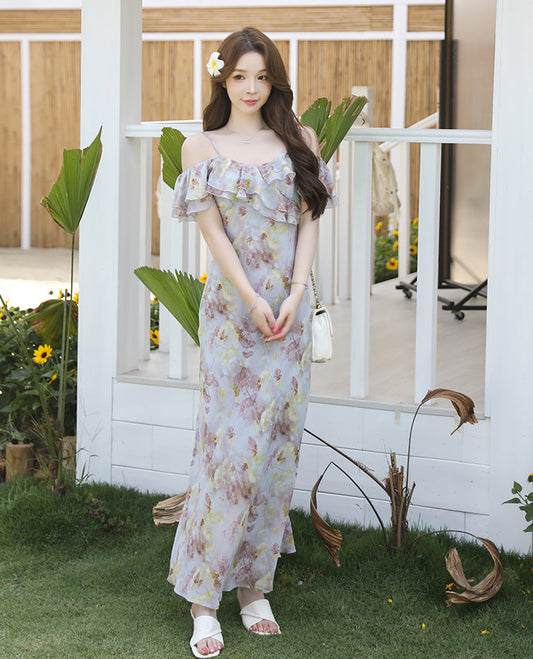 Off-Shoulder Floral Chiffon Maxi Dress