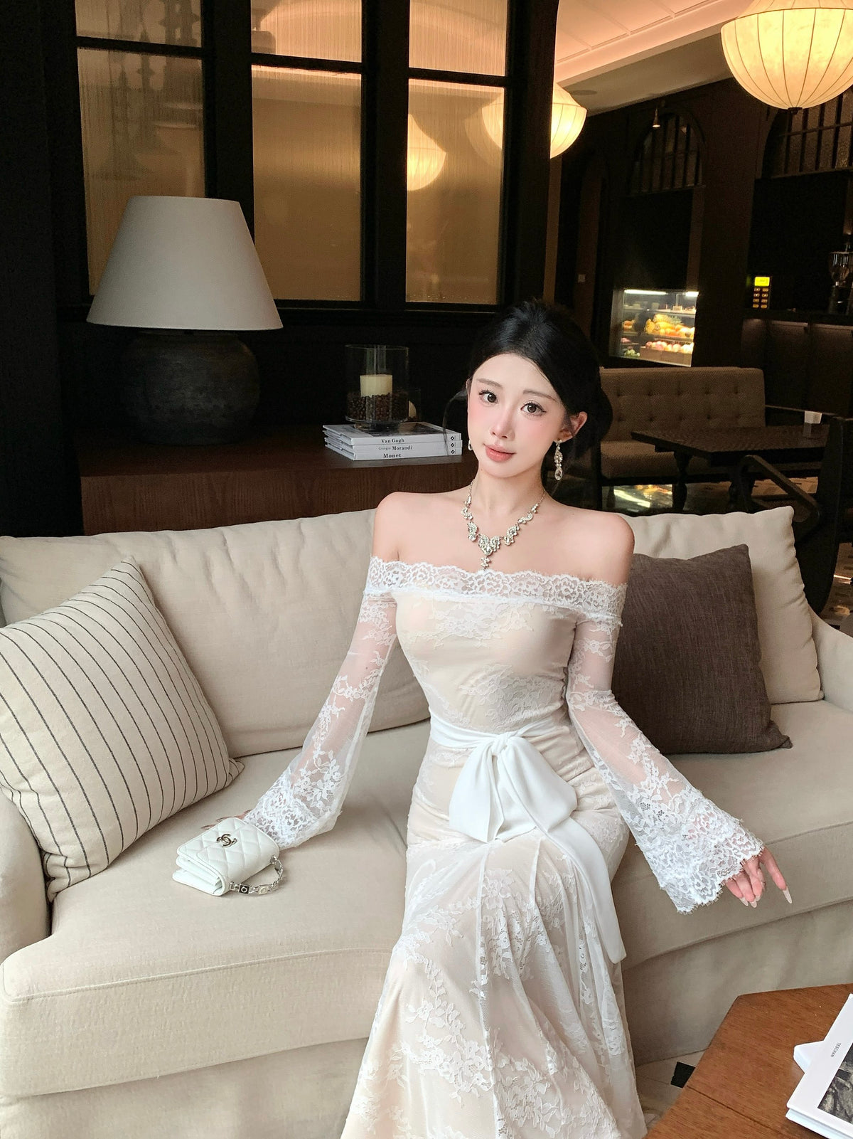 Off-The-Shoulder Floral Lace Mermaid Maxi Dress