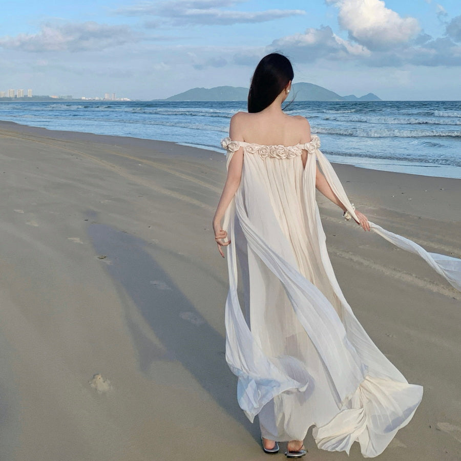 Off-The-Shoulder Floral Rosette Pleated Chiffon Beach Maxi Dress