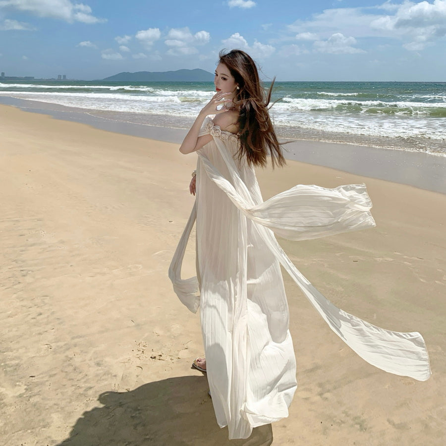 Off-The-Shoulder Floral Rosette Pleated Chiffon Beach Maxi Dress