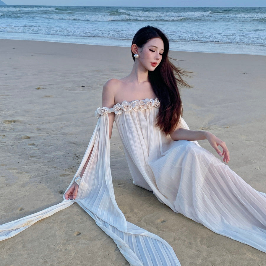 Off-The-Shoulder Floral Rosette Pleated Chiffon Beach Maxi Dress