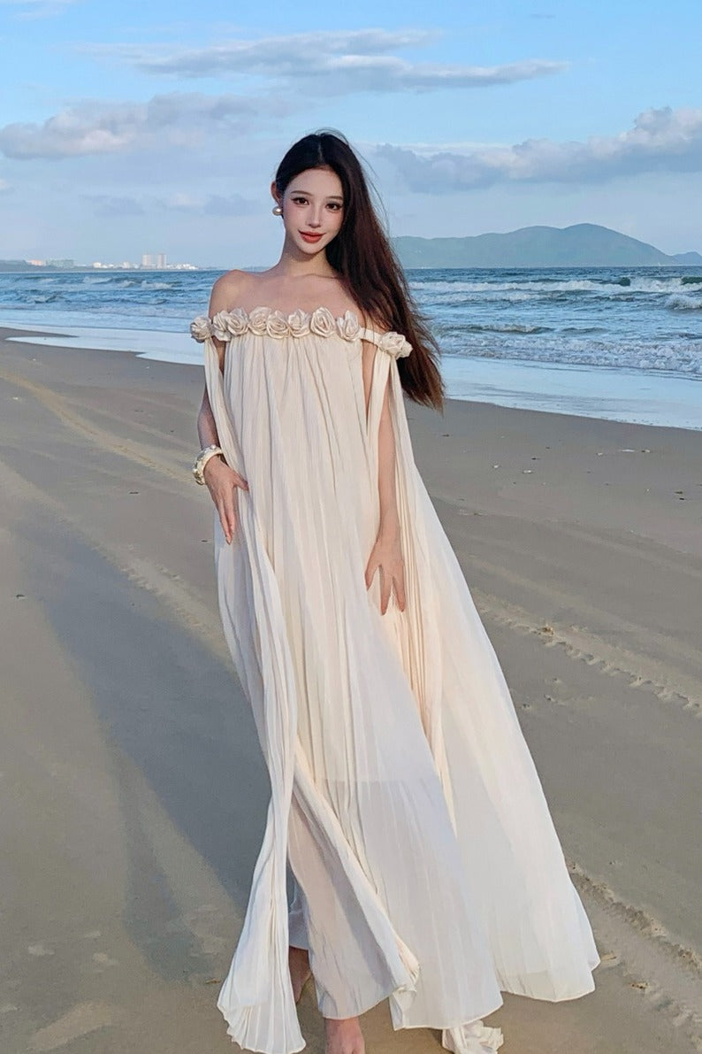 Off-The-Shoulder Floral Rosette Pleated Chiffon Beach Maxi Dress