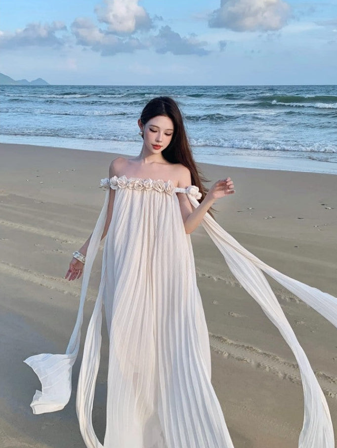 Off-The-Shoulder Floral Rosette Pleated Chiffon Beach Maxi Dress