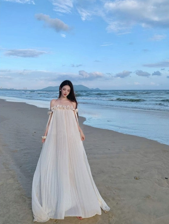 Off-The-Shoulder Floral Rosette Pleated Chiffon Beach Maxi Dress