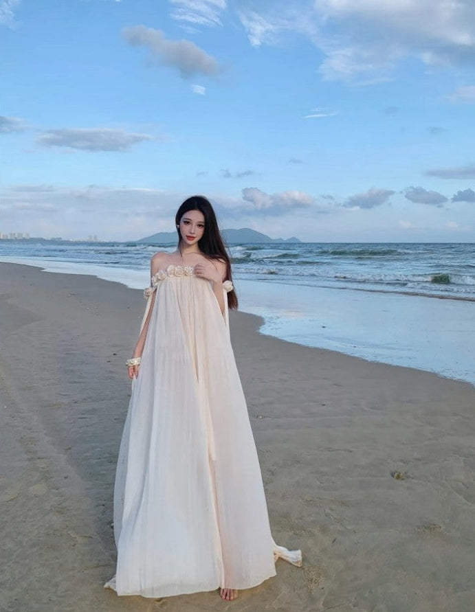 Off-The-Shoulder Floral Rosette Pleated Chiffon Beach Maxi Dress