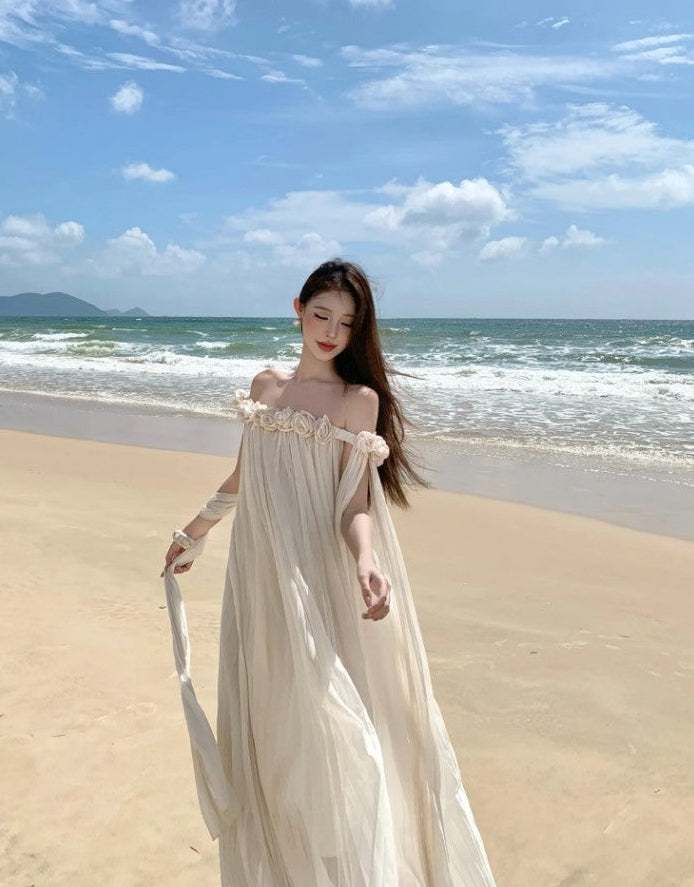 Off-The-Shoulder Floral Rosette Pleated Chiffon Beach Maxi Dress