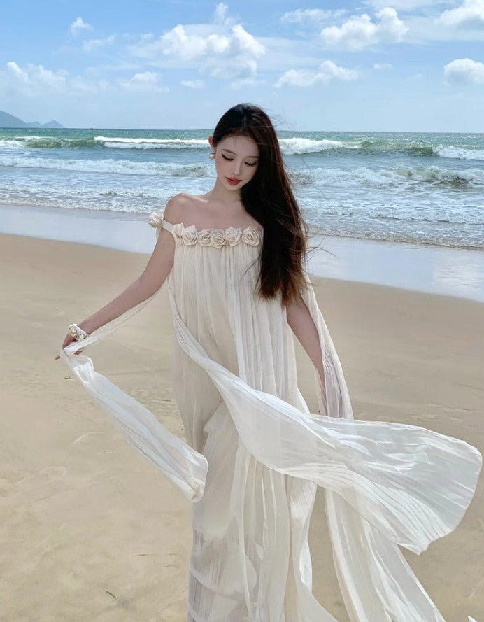 Off-The-Shoulder Floral Rosette Pleated Chiffon Beach Maxi Dress