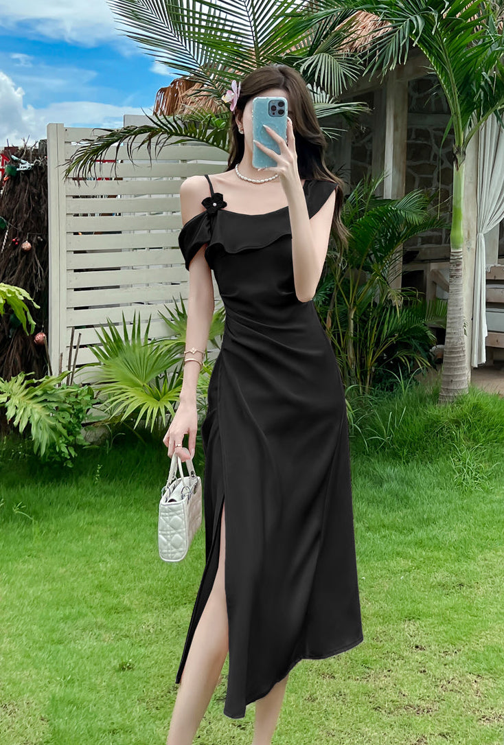 Elegant Off-Shoulder Satin Slip Dress With Side Slit