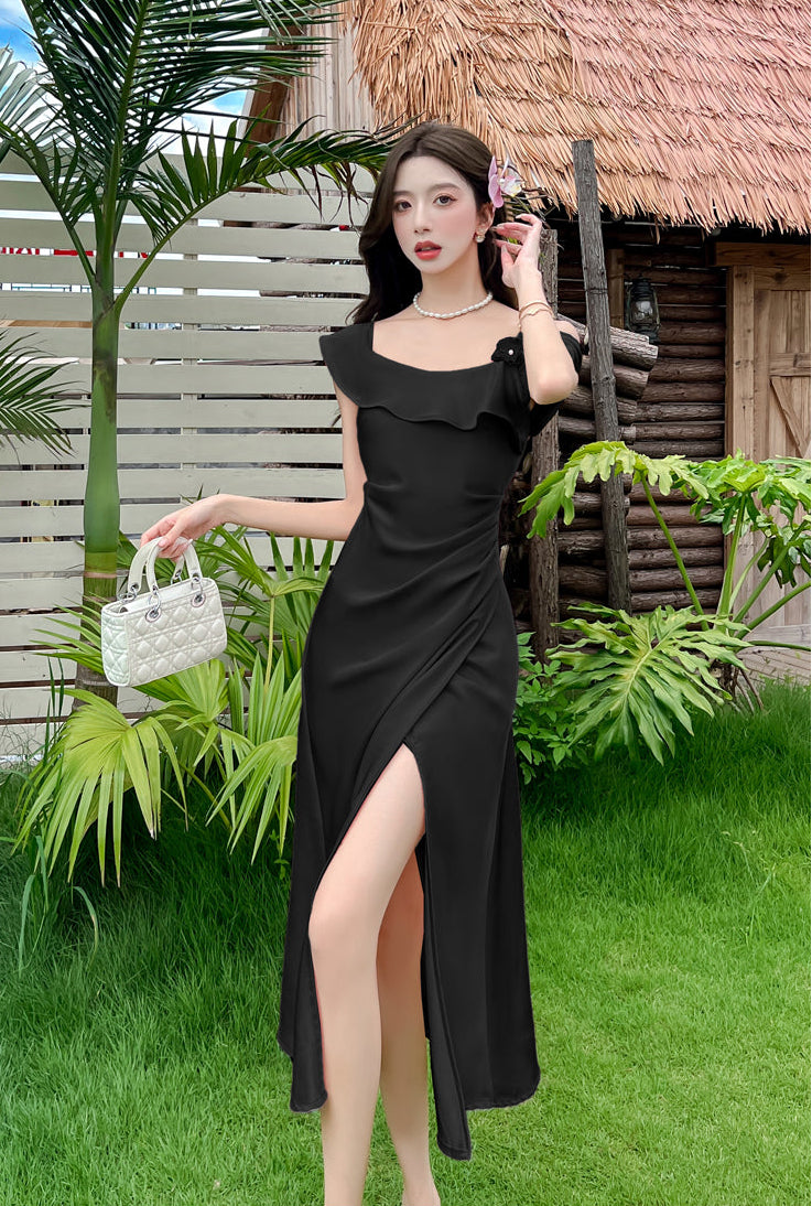 Elegant Off-Shoulder Satin Slip Dress With Side Slit