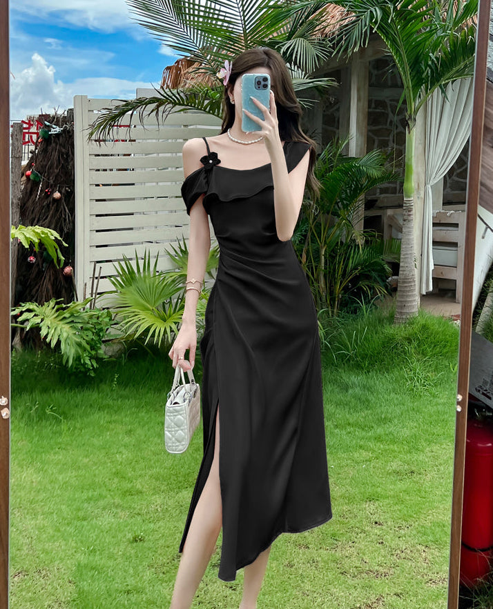Elegant Off-Shoulder Satin Slip Dress With Side Slit