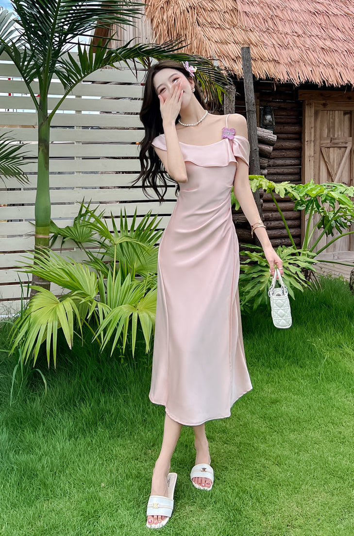Elegant Off-Shoulder Satin Slip Dress With Side Slit
