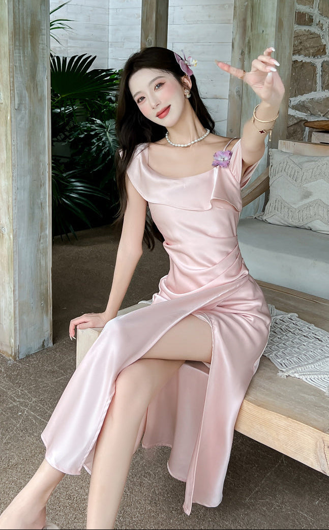 Elegant Off-Shoulder Satin Slip Dress With Side Slit