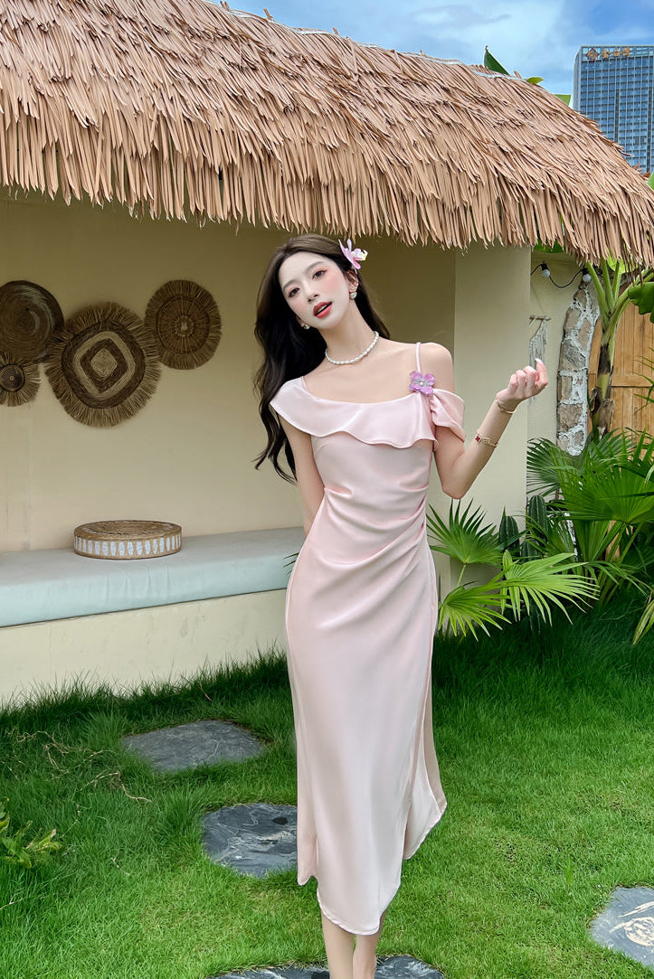 Elegant Off-Shoulder Satin Slip Dress With Side Slit