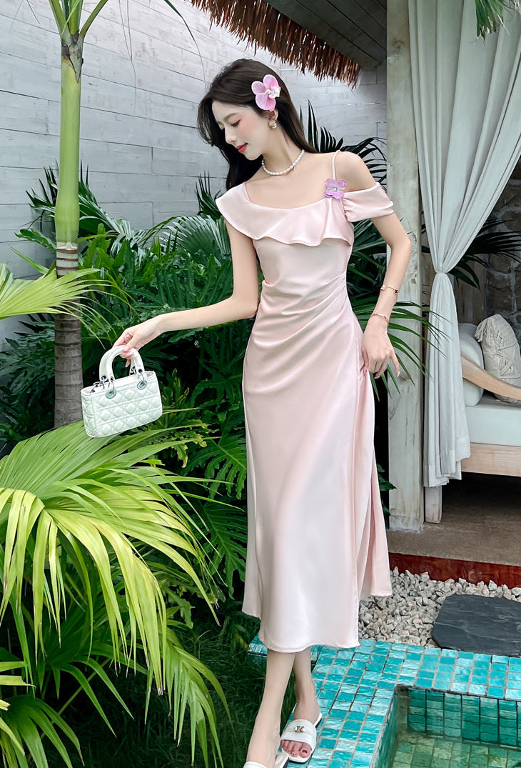 Elegant Off-Shoulder Satin Slip Dress With Side Slit