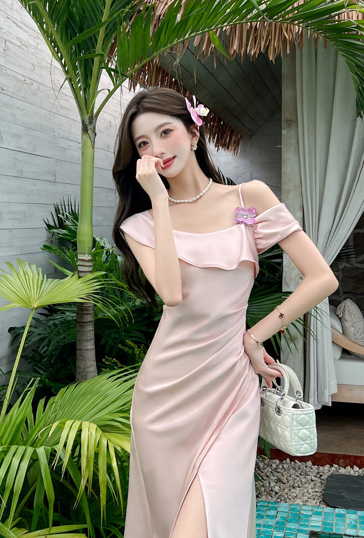 Elegant Off-Shoulder Satin Slip Dress With Side Slit