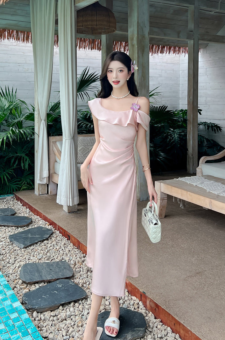 Elegant Off-Shoulder Satin Slip Dress With Side Slit