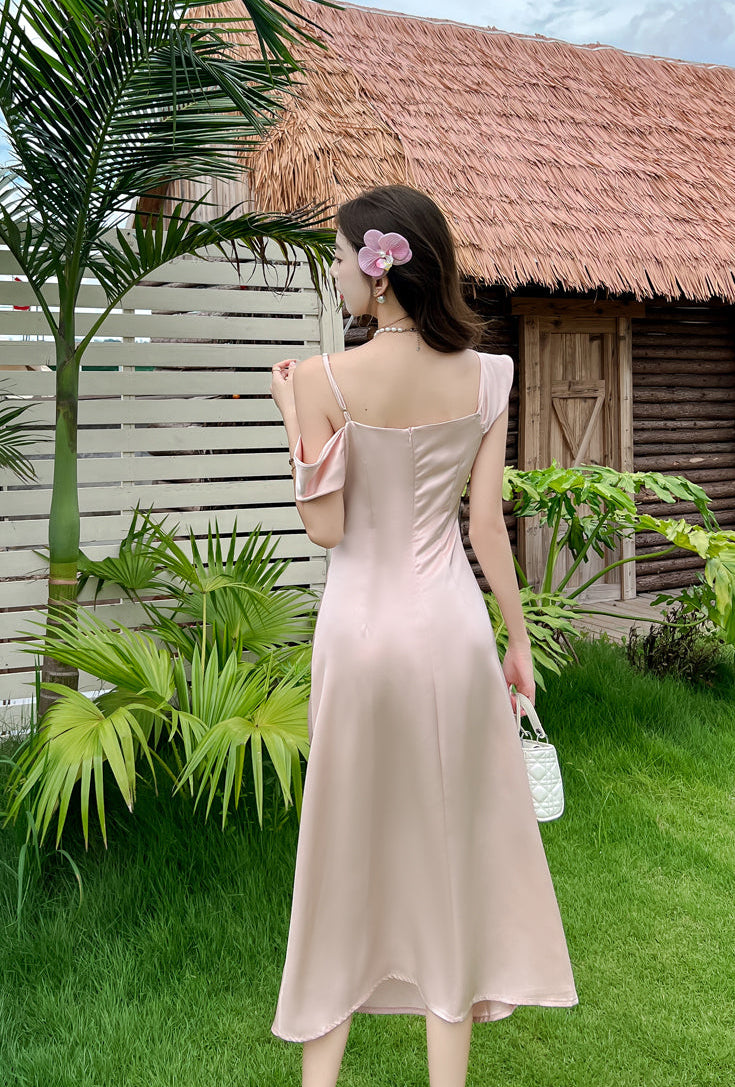 Elegant Off-Shoulder Satin Slip Dress With Side Slit