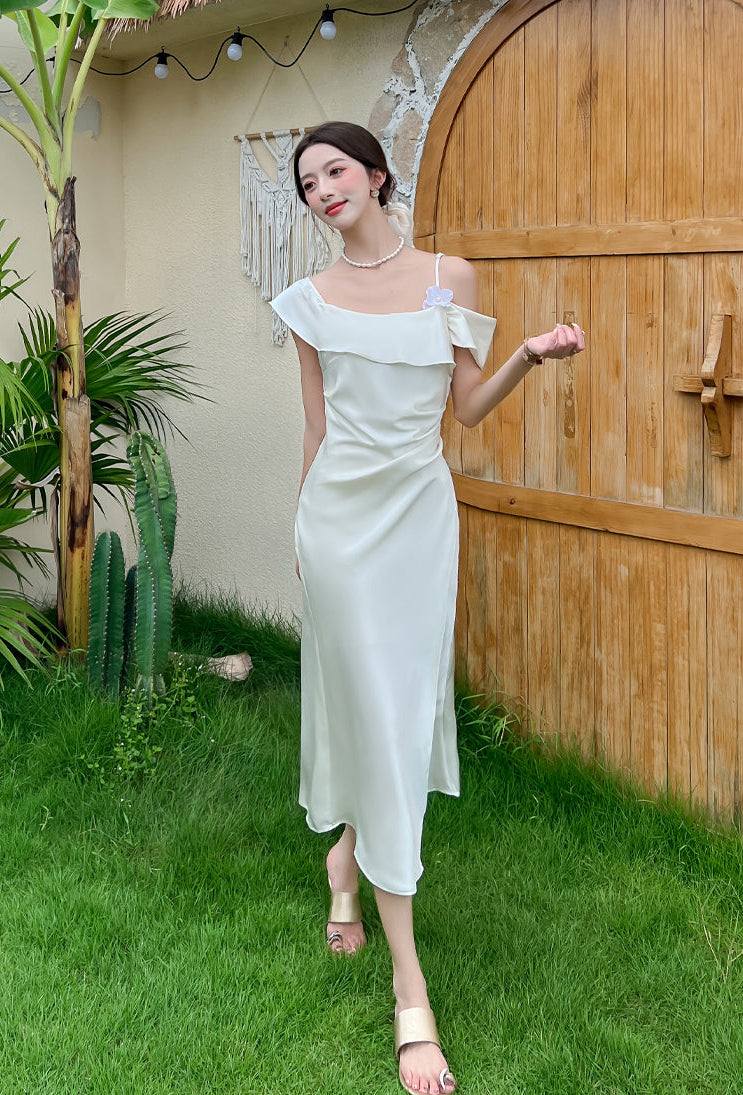 Elegant Off-Shoulder Satin Slip Dress With Side Slit