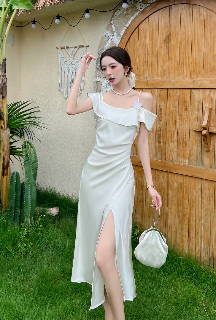 Elegant Off-Shoulder Satin Slip Dress With Side Slit