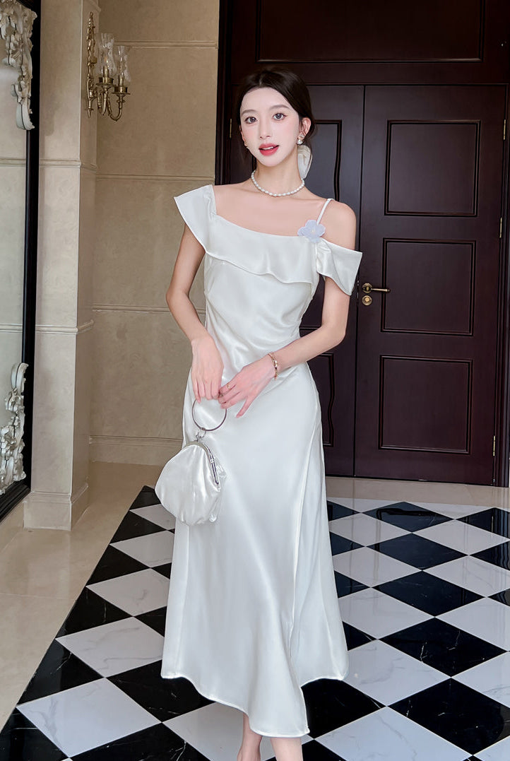 Elegant Off-Shoulder Satin Slip Dress With Side Slit