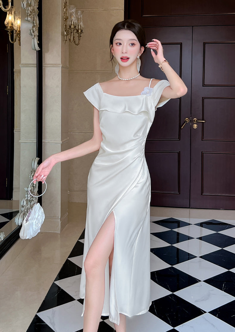 Elegant Off-Shoulder Satin Slip Dress With Side Slit