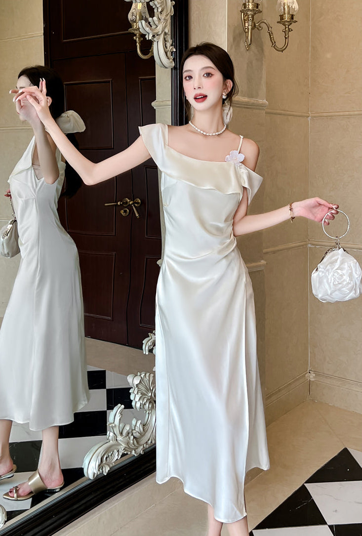 Elegant Off-Shoulder Satin Slip Dress With Side Slit