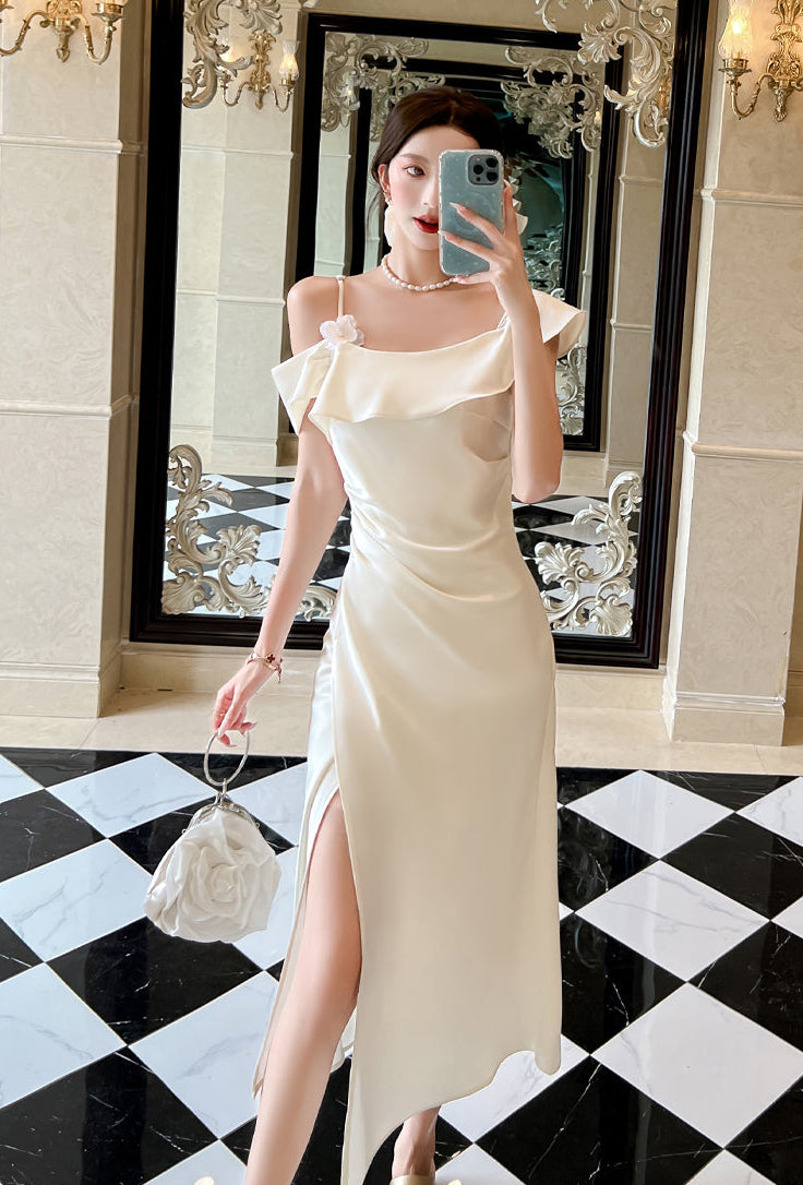 Elegant Off-Shoulder Satin Slip Dress With Side Slit