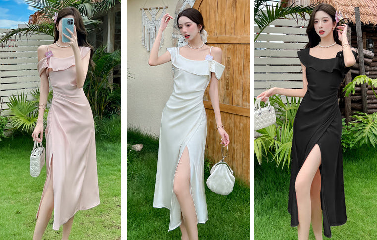 Elegant Off-Shoulder Satin Slip Dress With Side Slit