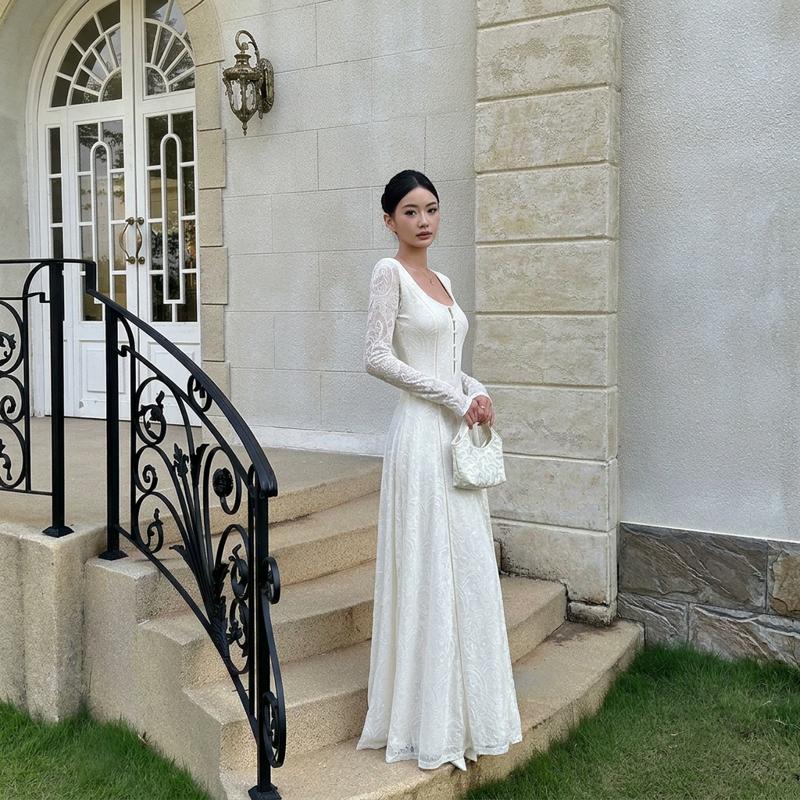 Off-White Floral Lace Long Sleeve A-Line Maxi Dress