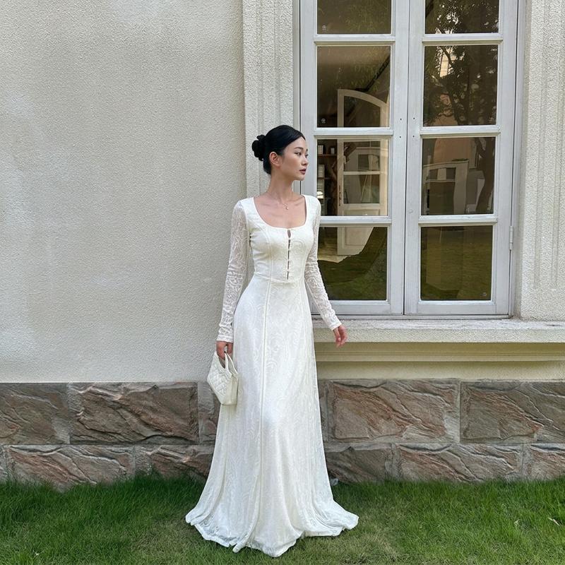 Off-White Floral Lace Long Sleeve A-Line Maxi Dress