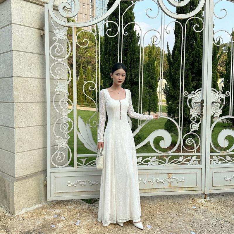 Off-White Floral Lace Long Sleeve A-Line Maxi Dress