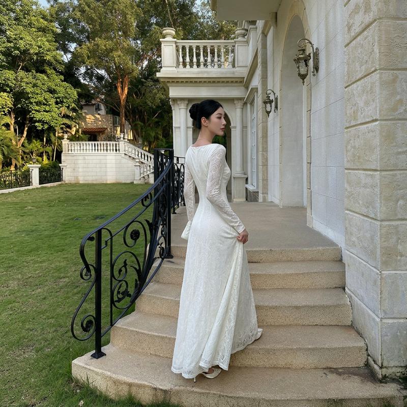 Off-White Floral Lace Long Sleeve A-Line Maxi Dress