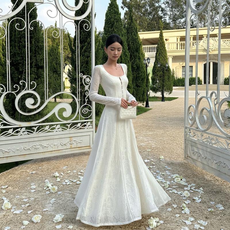 Off-White Floral Lace Long Sleeve A-Line Maxi Dress