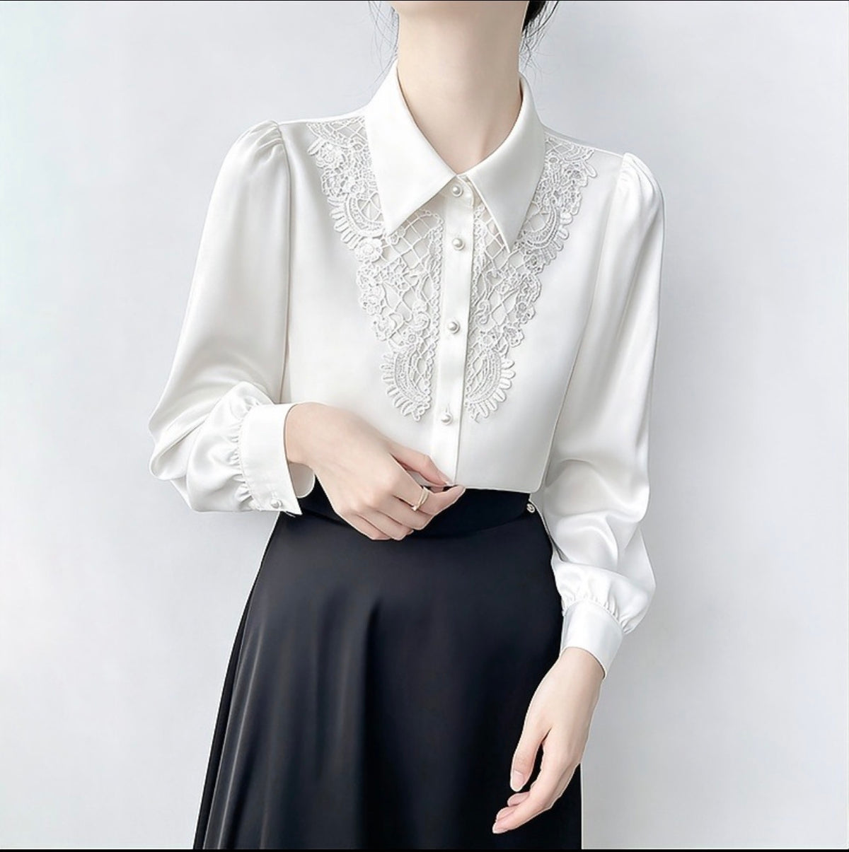 Off-White Lace-Bib Satin Blouse