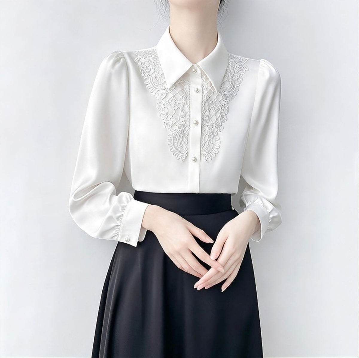 Off-White Lace-Bib Satin Blouse