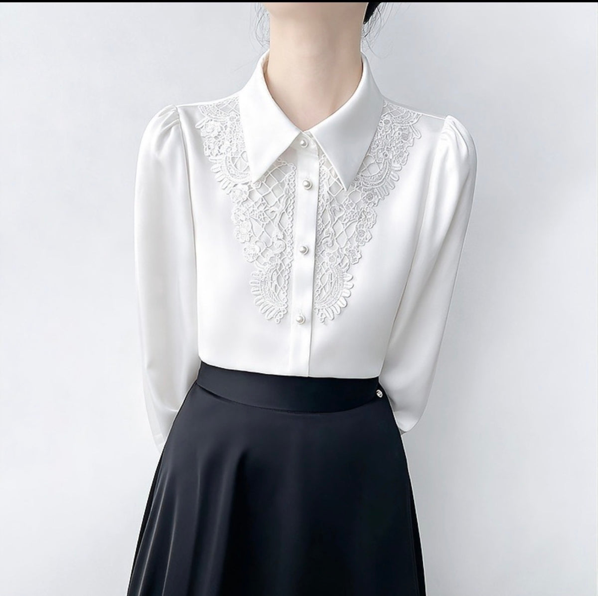 Off-White Lace-Bib Satin Blouse