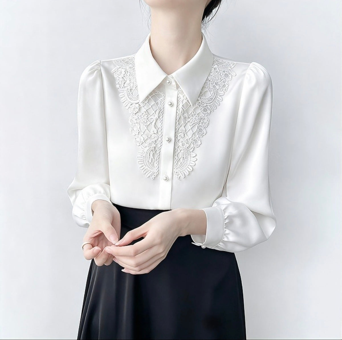 Off-White Lace-Bib Satin Blouse