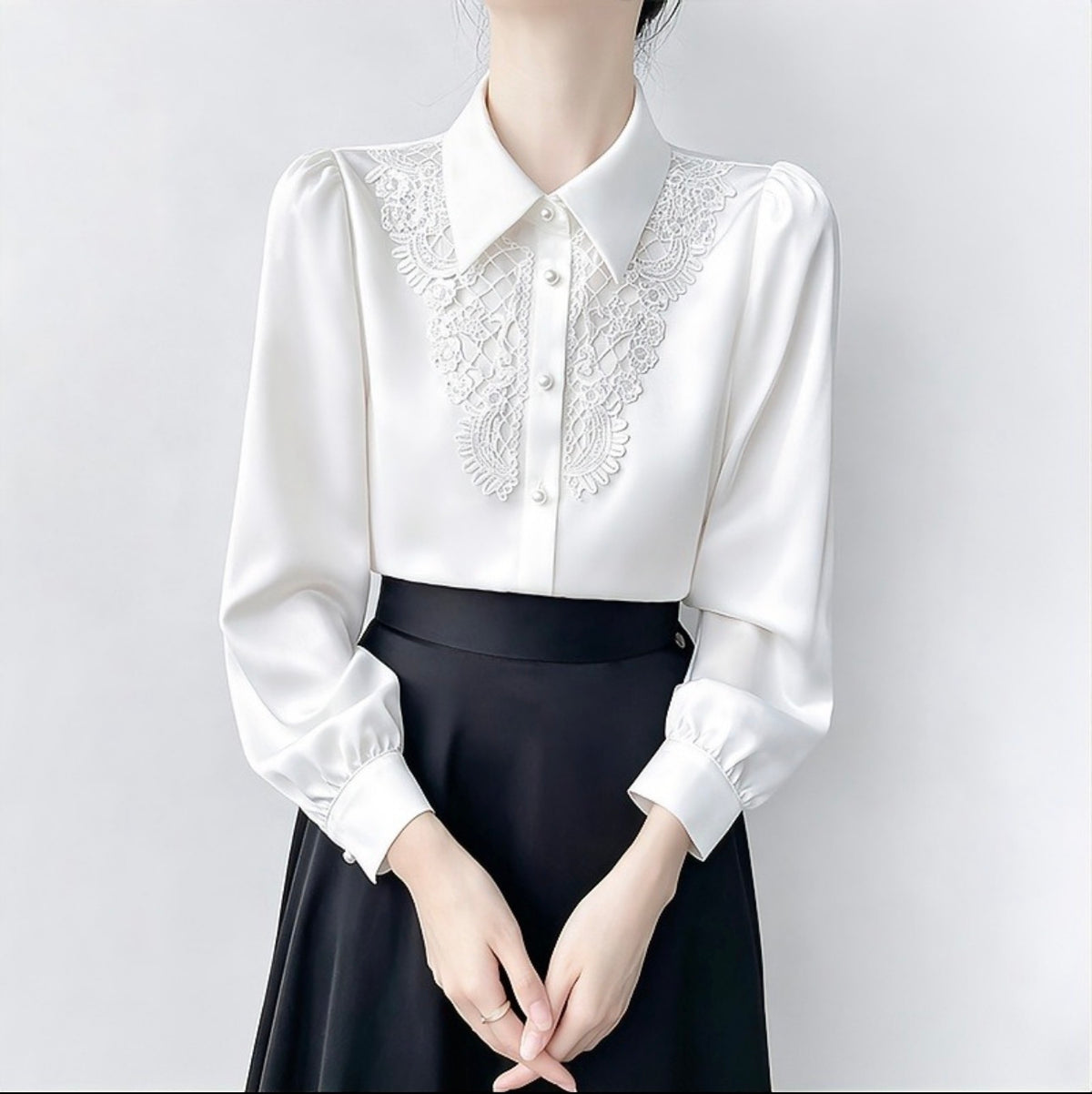 Off-White Lace-Bib Satin Blouse