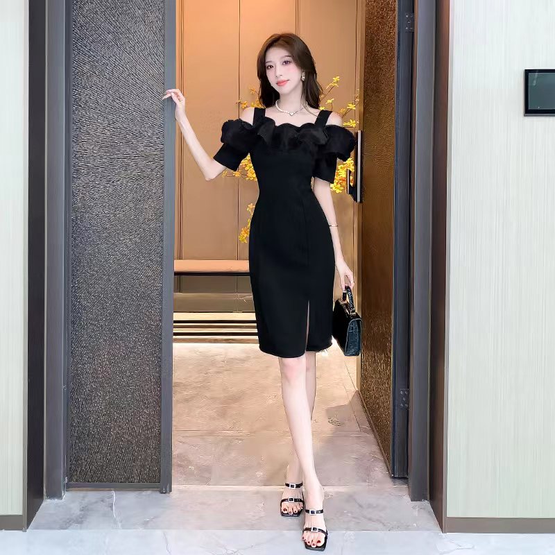 Off-shoulder ruffled cocktail dress