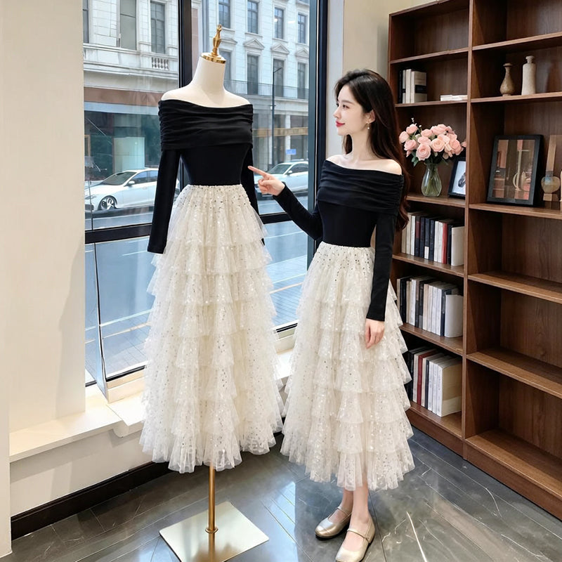 Off-the-Shoulder Ruched Long Sleeve & Sequin Tiered Mesh Maxi Dress