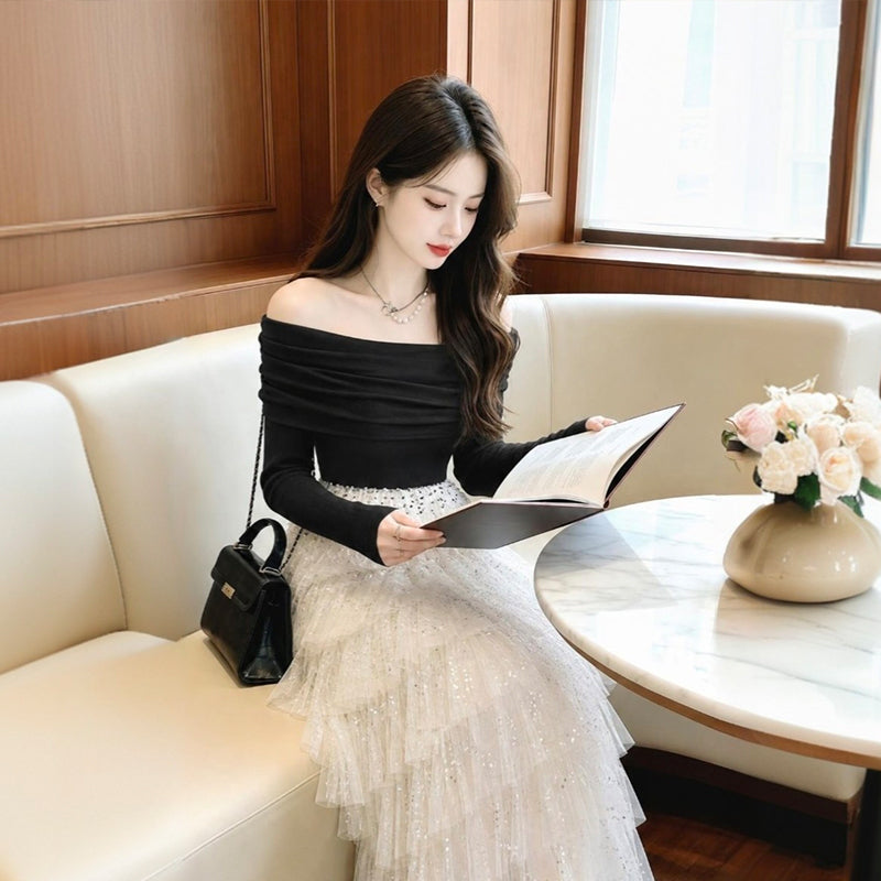 Off-the-Shoulder Ruched Long Sleeve & Sequin Tiered Mesh Maxi Dress