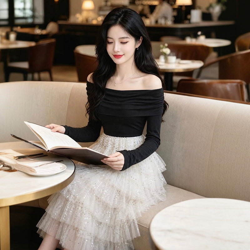 Off-the-Shoulder Ruched Long Sleeve & Sequin Tiered Mesh Maxi Dress