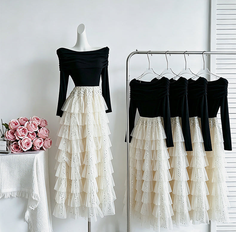 Off-the-Shoulder Ruched Long Sleeve & Sequin Tiered Mesh Maxi Dress