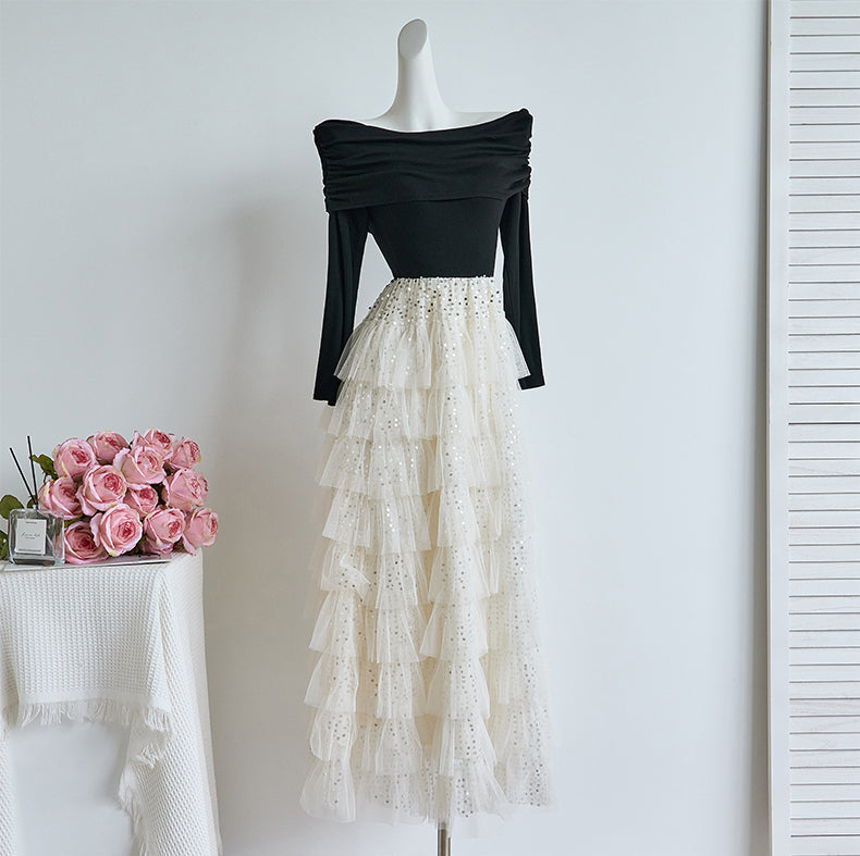 Off-the-Shoulder Ruched Long Sleeve & Sequin Tiered Mesh Maxi Dress