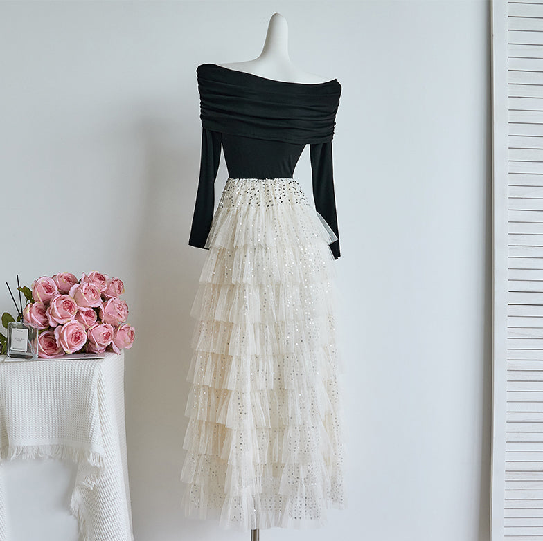 Off-the-Shoulder Ruched Long Sleeve & Sequin Tiered Mesh Maxi Dress
