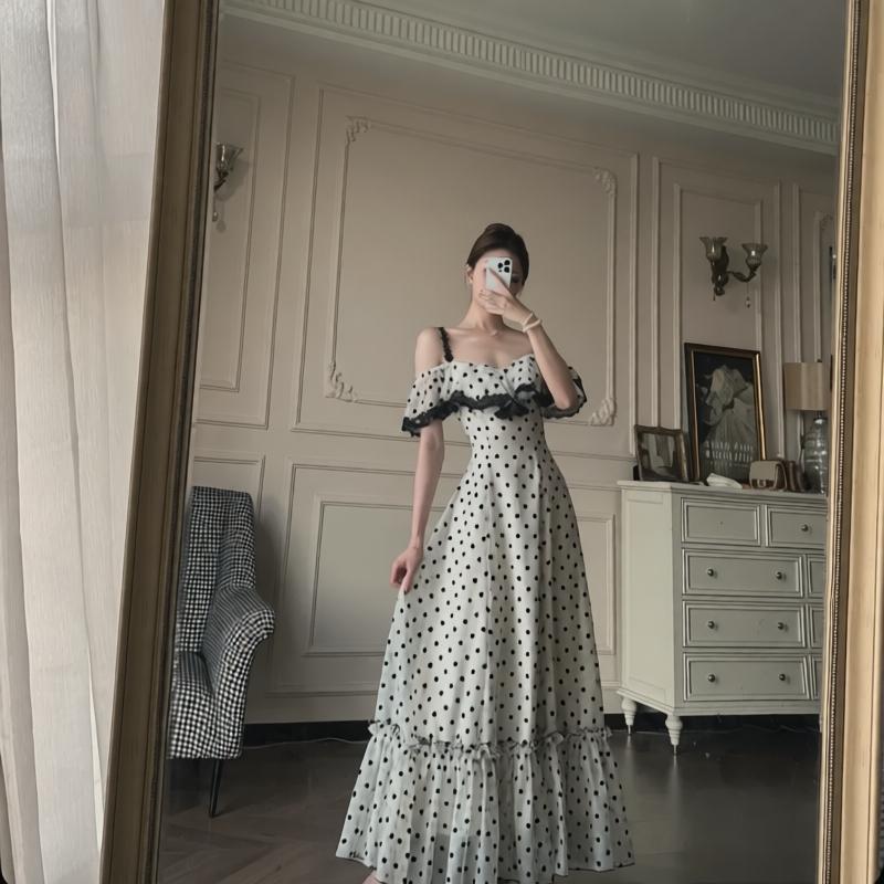 Off-the-shoulder White and black polka dot dress